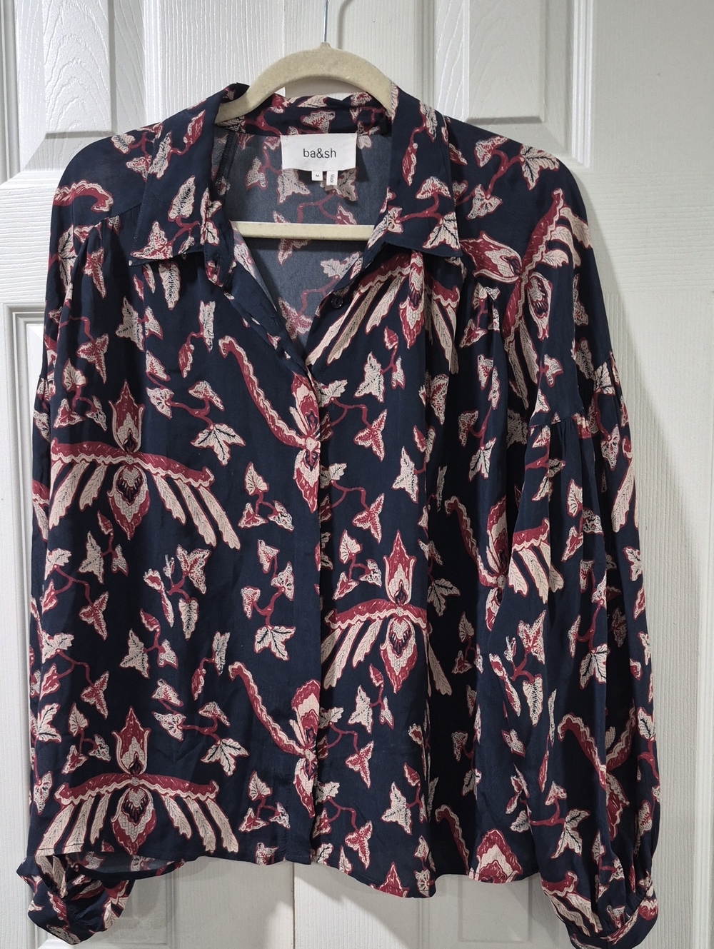 ba&sh Navy Floral-Paisley Print Button-Down Blouse